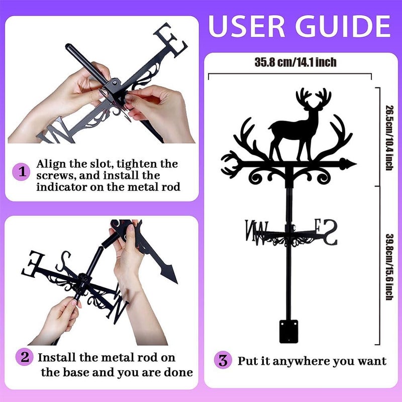 beinkmake Deer and Forest Weathervane Metal Wind Vane Animal Garden Art Decoration Direction Sign Indicator Stake Mount Ornament for Patio Lawn Farmhouse Yard Roof Outdoor - Image 2